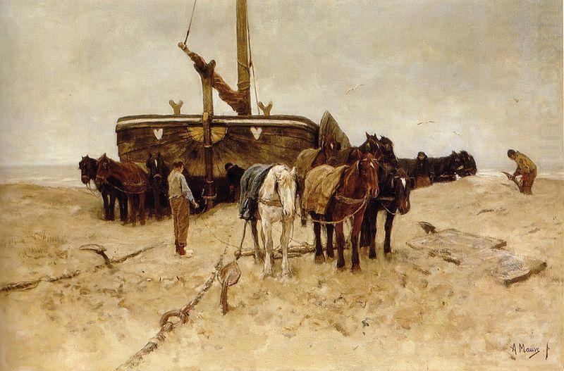 Anton mauve Fishing boat on the beach china oil painting image